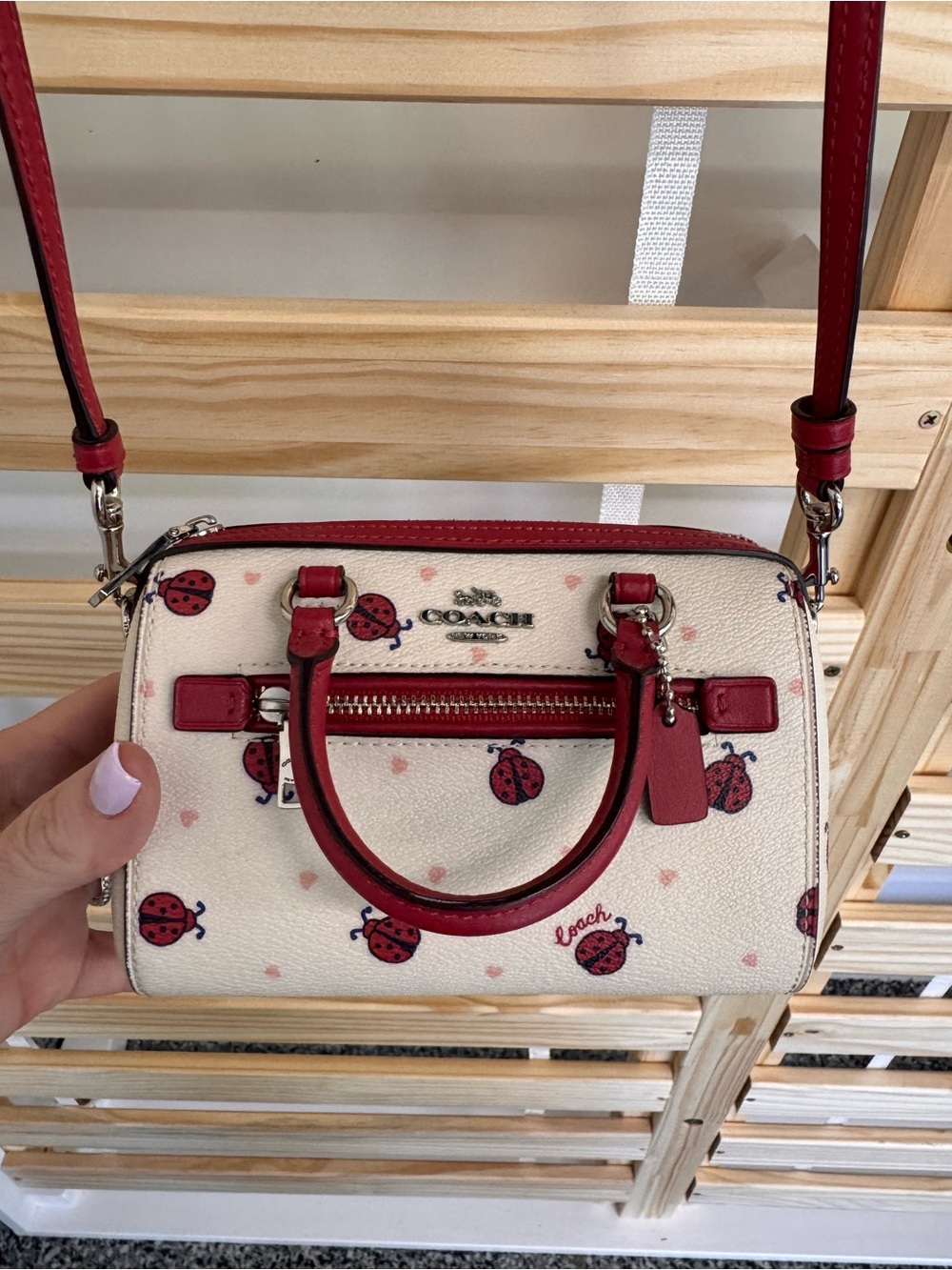 Coach 2498 Micro Rowan Ladybug Heart Print Crossbody Satchel Chalk Red Rare